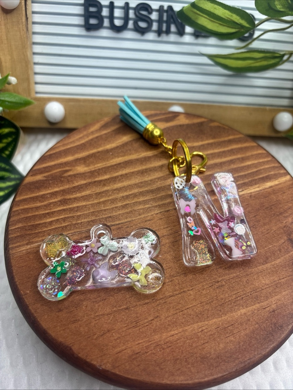 Resin Dog Bone & Letter N Keychain Set in Pink and Gold Glitter